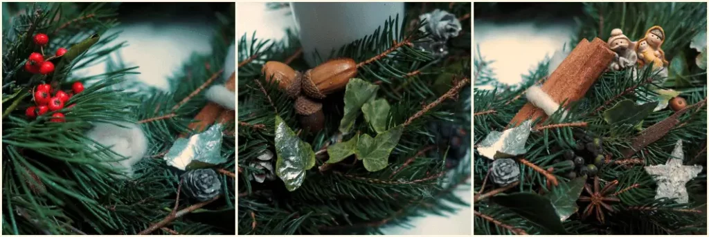 Drei Nahaufnahmen von Deko, Haselnüssen, Beeren, Zimstangen und Holzsternen auf dem Adventskranz