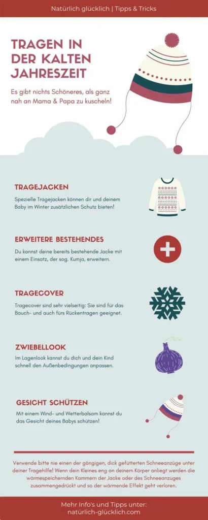 Eine Infografik mit allen wichtigen Punkten zum Babytragen im Winter