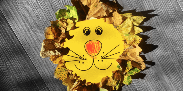 Löwenkopf gebastelt aus Herbstlaub und Blättern