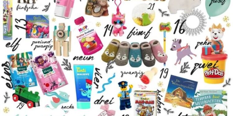 24 Ideen um den Kinder Adventskalender zu füllen - Alle Füllideen sind auf diesem Bild abgebildet