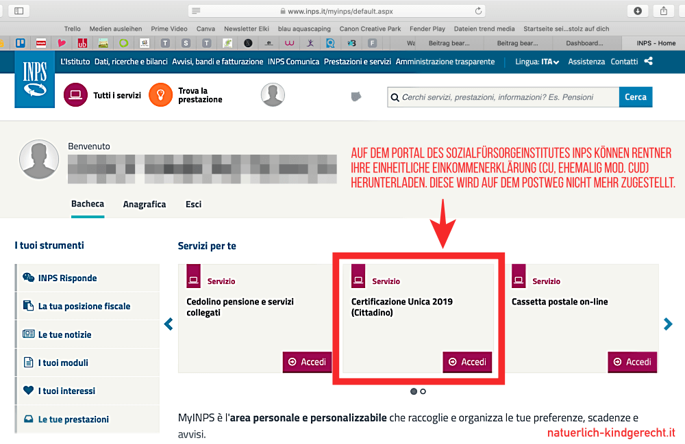 Portal Sozialfürsorgeinstitut INPS stellt Rentner das Mod. CU zur Verfügung